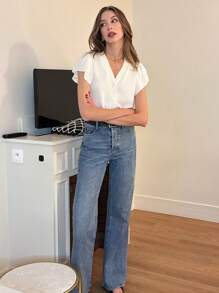 Chiquease 女士优雅 V 领衬衫，精致纽扣细节和荷叶边袖子，杏色，适合春夏季 - 杏色 - 查看 5