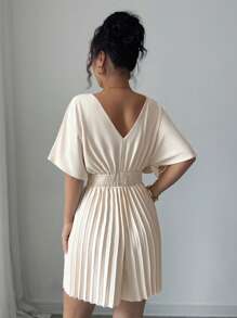 Elenzga Solid Color Deep V-Neck Batwing Sleeve Pleated Elegant Short Jumpsuits For Women - Apricot - View 2