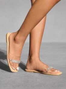 CUCCOO SZL Women Summer Apricot Fairy-Like Transparent Crystal Chain Toe Strap Slip-On Flat Sandals - Apricot - View 3