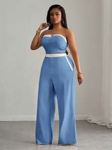 Slaydiva Bộ đồ đôi mùa hè dành cho nữ cỡ lớn, gồm áo quây croptop phối màu sau lưng và quần ống rộng có túi xéo, màu xanh dương nhạt, màu xanh nhạt, bộ đồ đôi màu xanh dương thanh lịch. - Màu xanh lam - Xem 4