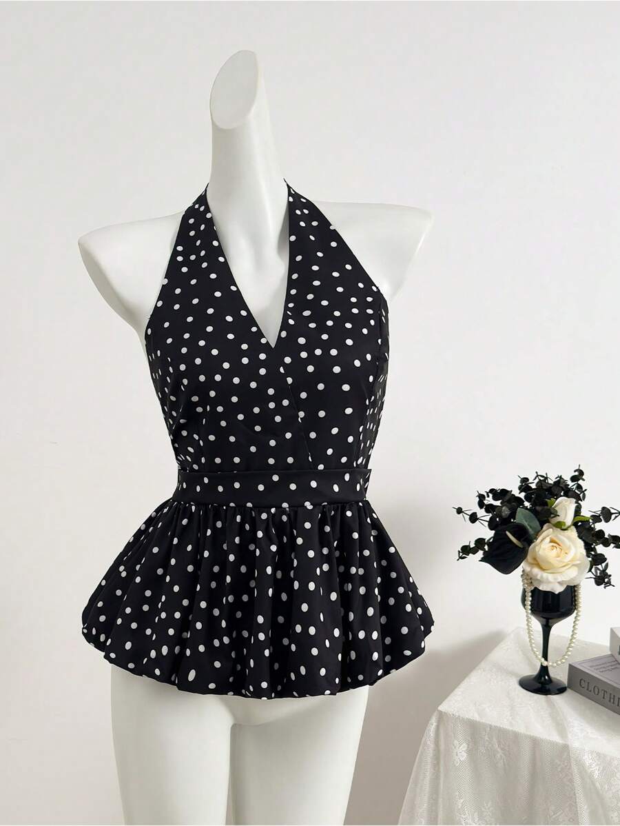 Women's Summer Polka Dot Print Ruffle Hem Halter Neck Blouse Top , Peplum Top
