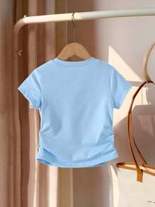 Girls Casual Crew Neck Short Sleeve Cropped Butterfly Print Blue T-Shirt, Irregular Hem, Summer Daily Versatile Top For Girls