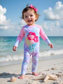 SHEIN 女童泳衣 女宝宝连体泳衣 长袖长裤泳衣 可爱卡通美人鱼涤纶数码印花紫色渐变鱼鳞印花连体泳衣 婴儿泳衣女孩