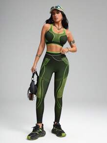 Innovista Women's Contrast Mesh Hollow Cross Back Sports Bra - Green - View 6