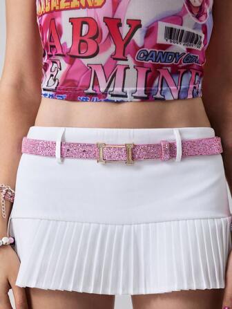 ROMWE Avant 1pc Sweet Punk Style Pink Sequin Plaid Waist Belt, Y2K Retro Fashion Rhinestone Metal Buckle Leather Belt, Personalized Accessory
