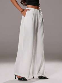 TRNVIE 女士夏季休闲高腰褶皱亚麻质感宽松裤，通勤、度假皆宜 - 白色 - 查看 1