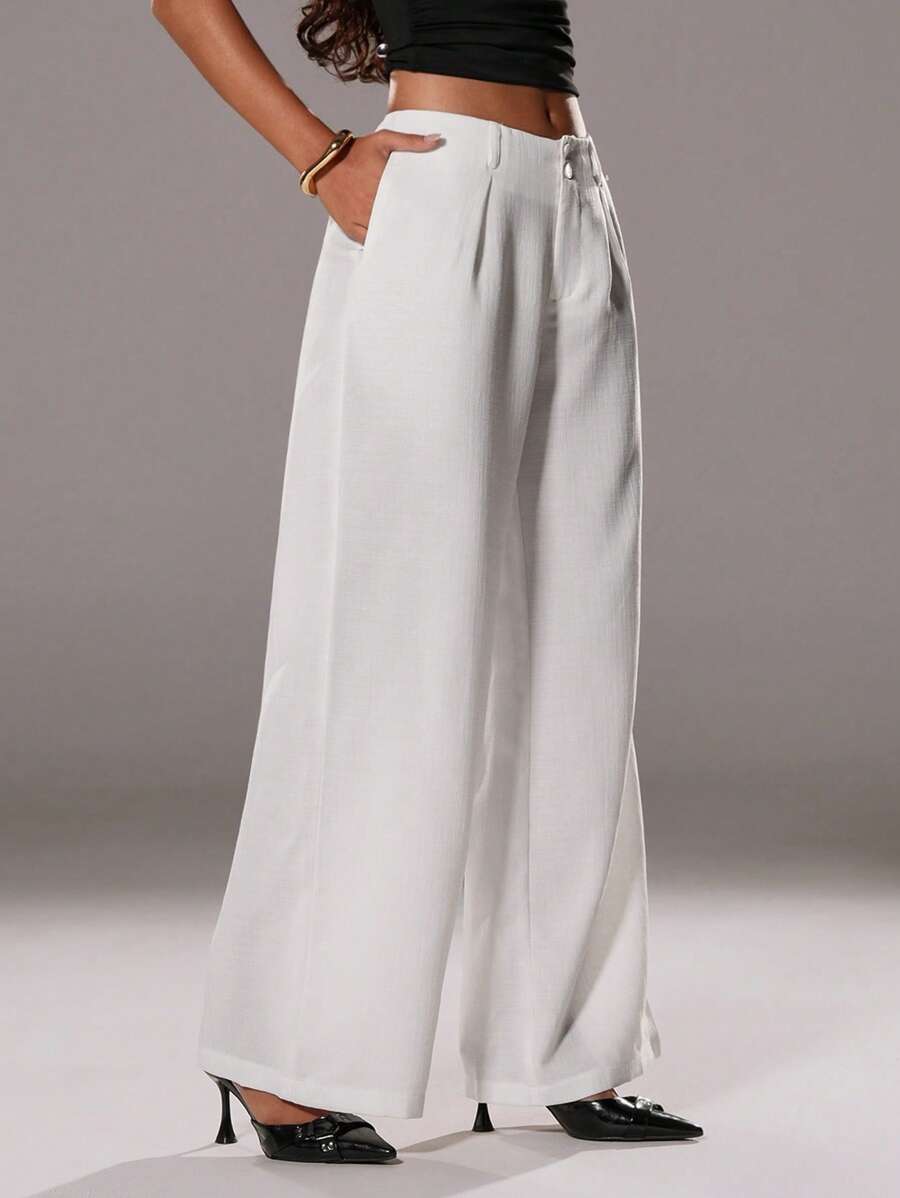 TRNVIE 女士夏季休闲高腰褶皱亚麻质感宽松裤，通勤、度假皆宜 - 白色 - 查看 1