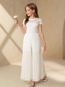 SHEIN 少女优雅花卉蕾丝领镂空刺绣拼接雪纺面料白色长款褶皱连体裤婚礼花童礼服 - 白色 - 查看 5