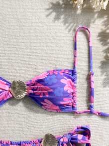 Swim Mod Women's 2pcs Seashell Print Strappy Bikini Swimsuit Set For Summer Beach Vacation - Multicolor - View 3