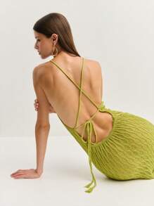 Nöista 度假海滩纯色挂脖露背连衣裙 - 綠色 - 查看 2