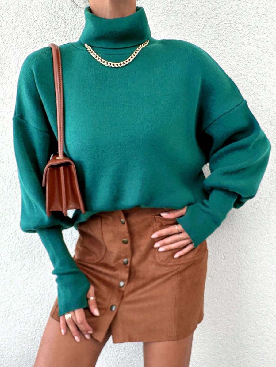 RueChic Áo cao cổ Thả vai Áo len - Màu xanh lá cây đậm - Xem 1
