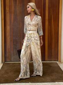 两件套女士印花V领系带长袖上衣和阔腿裤复活节 - 杏色 - 查看 3