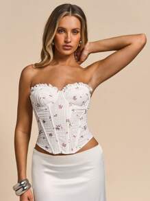 Glamine 女式白色碎花荷叶边饰边系带后背网眼刺绣露肩束身衣抹胸上衣，夏季，女士夏季服装，抹胸，女士束身衣上衣