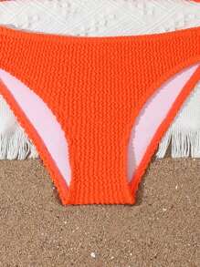 SHEIN Tween Girls' Solid Color Swimsuit 2 Pieces Set, Beach/Vacation Orange Bikini Teen Orange Bikini Orange Two Piece Swimsuit One Shoulder Orange Bikini High Waisted Orange Bikini - Orange - View 5