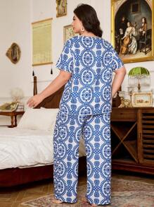 SHEIN Damen Große Größen Boho-Stil Muster & Kontrast Spitze Quadratischer Ausschnitt Lässig Zuhause Pyjama Set