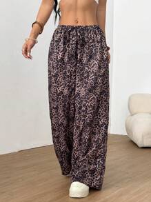 SHEIN EZwear Women's Leopard Print Drawstring Waist Wide Leg Loose Long Pants,Cargo Pants - Multicolor - View 5