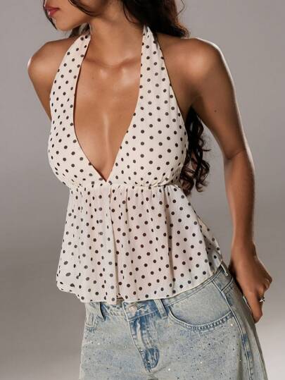 TRNVIE Polka Dot V-Neck Halter Women's Tank Top, Elegant Style For Spring/Summer