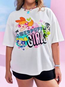 THE POWERPUFF GIRLS X SHEIN Plus Size Women Casual Blossom, Bubbles, Buttercup Pattern Loose Batwing T-Shirt, Summer - White - View 5