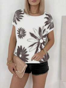 Women's Floral Print Crew Neck Short Sleeve Casual T-Shirt