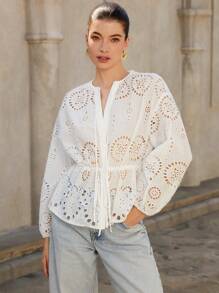 Aveloria Rosie New Water-Soluble Embroidery Hollow Out Fitted Waist Blouse, Elegant Ladies' Shirt For Holiday, Spring/Summer - White - View 3