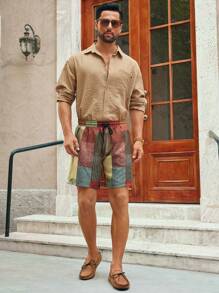 Manfinity VCAY Men's Casual Woven Plaid Pattern Printed Mid-Waist Drawstring Straight Shorts - Multicolor - View 2