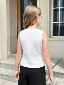 青少年女孩罗纹不对称纽扣开合针织无袖毛衣 - 白色 - 查看 9