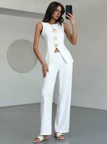 Aloruh New Sleeveless Jacket With Metal Button Decor + Straight-Leg Pants, Suitable For Spring/Summer Office And Resort Wear - White - View 7