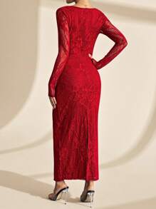 SHEIN PETITE Đầm Maxi Đen Ôm Hông Cổ Vuông Ren Hình Chữ S Gợi Cảm Cho Nữ, Tay Dài, Cúp Ngực, Cổ Xương Cá, Dự Tiệc Mùa Hè Mới - Đỏ - Xem 2