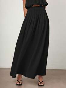 Maija 2025 秋季女士黑色优雅纯色褶皱 A 字裙，女士教师制服办公室休闲 - 黑色 - 查看 4