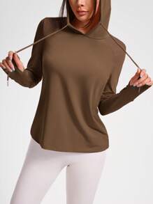 Cheerettes Women's Minimalist Solid Color Drawstring Hooded Sweatshirt - Coffee Brown - View 4