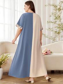 Al Najma 优雅针织花卉印花大码连衣裙，乡村风格 - 霧霾藍 - 查看 2