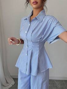 Modelyn 2件套女士条纹蝙蝠袖上衣和裤子套装，夏季