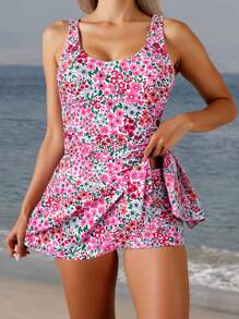 Swim Mod 2 Pcs Set: Ditsy Floral Ruched Waist Summer Beach Holiday Dress With Matching Bikini Bottoms - Multicolor - View 1