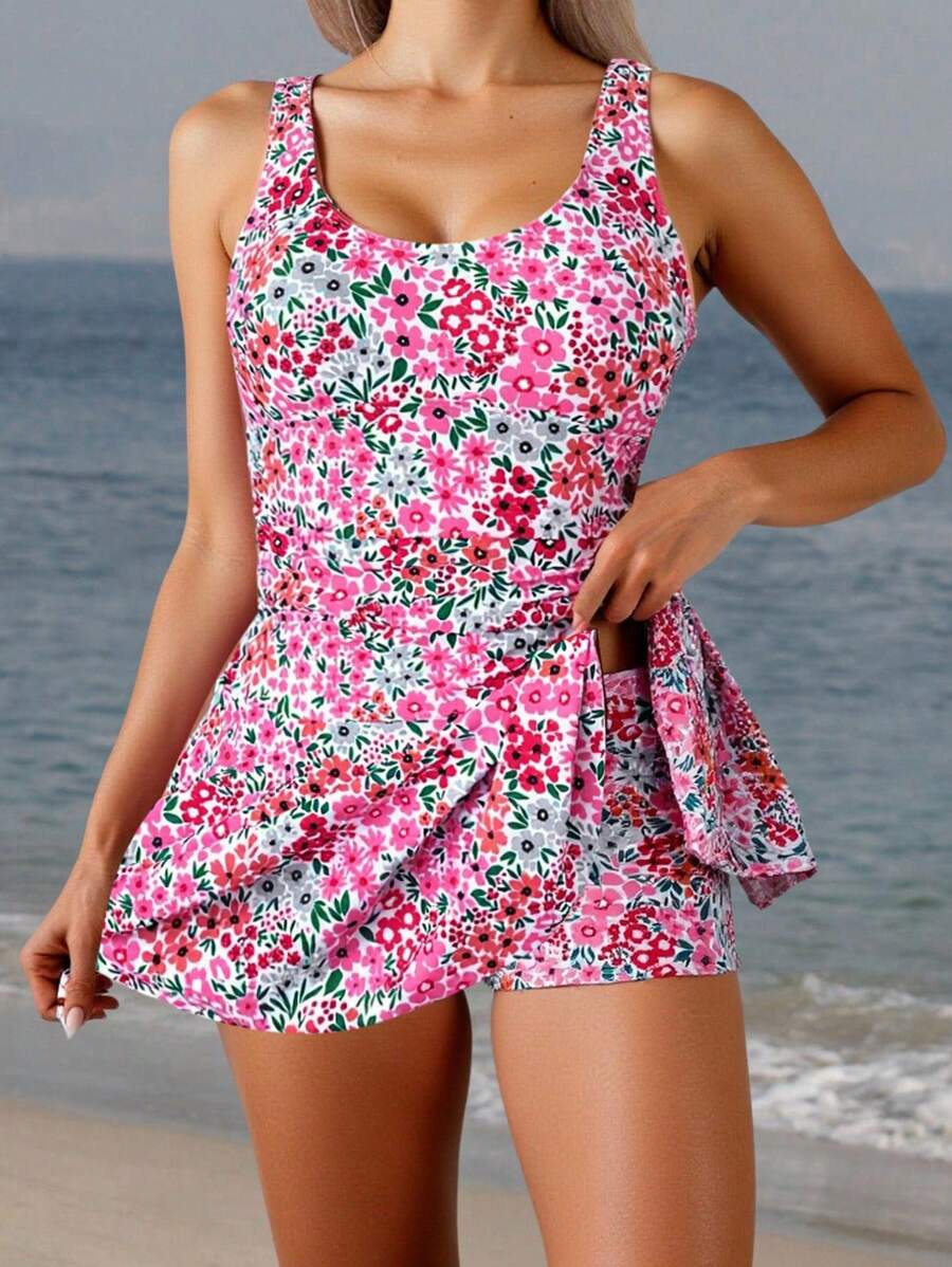 Swim Mod 2 Pcs Set: Ditsy Floral Ruched Waist Summer Beach Holiday Dress With Matching Bikini Bottoms - Multicolor - View 1