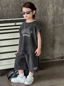 Dazy Kids 2件套男童圆领针织背心+短裤套装 - 深灰色 - 查看 4