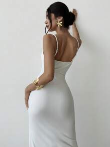 Firerie 夏季女式新款简约优雅度假派对连衣裙，时尚百搭户外旅行细肩带褶皱腰设计长裙，浅白色 - 白色 - 查看 2