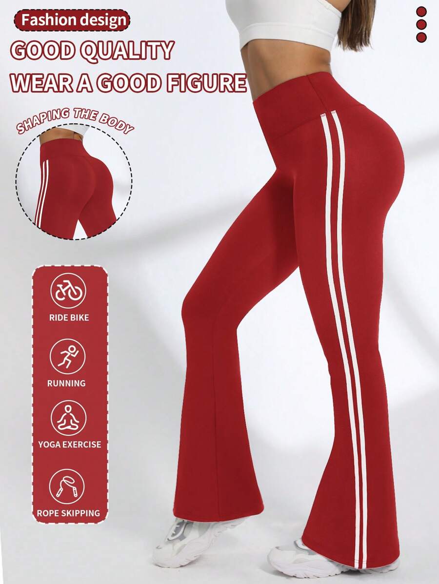 SHEIN Sports 女式撞色条纹修身喇叭运动裤 - 紅色 - 查看 1