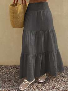 Livesso Women's Summer Ruffled Wide Hem Skirt Vacation - Dark Grey - View 5