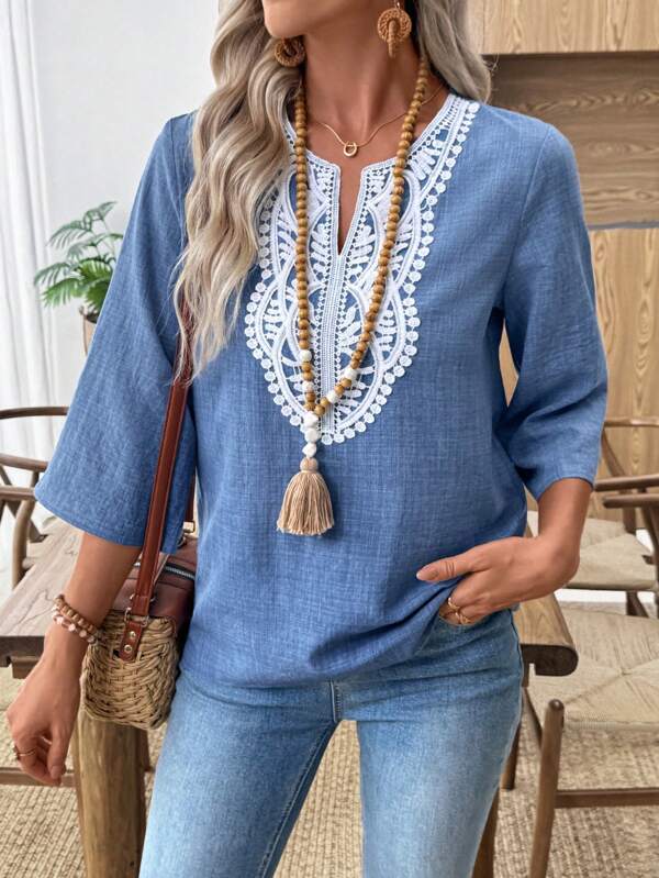 EMERY ROSE Lace Patchwork Notched Neck Casual Vacation Pullover Shirt Summer Tops Going Out Tops Women