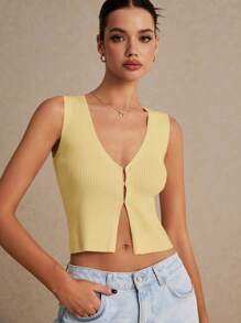 Poéselle Women's Summer Frenchies Casual Solid Color Sleeveless Knit Top Sweater Vest - Mustard Yellow - View 4