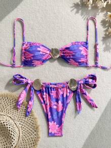 Swim Mod Women's 2pcs Seashell Print Strappy Bikini Swimsuit Set For Summer Beach Vacation - Multicolor - View 1