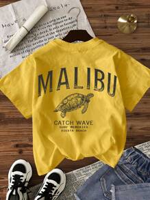 TaskSense Women's Letter & Sea Turtle Print Round Neck Short Sleeve Casual T-Shirt, Summer