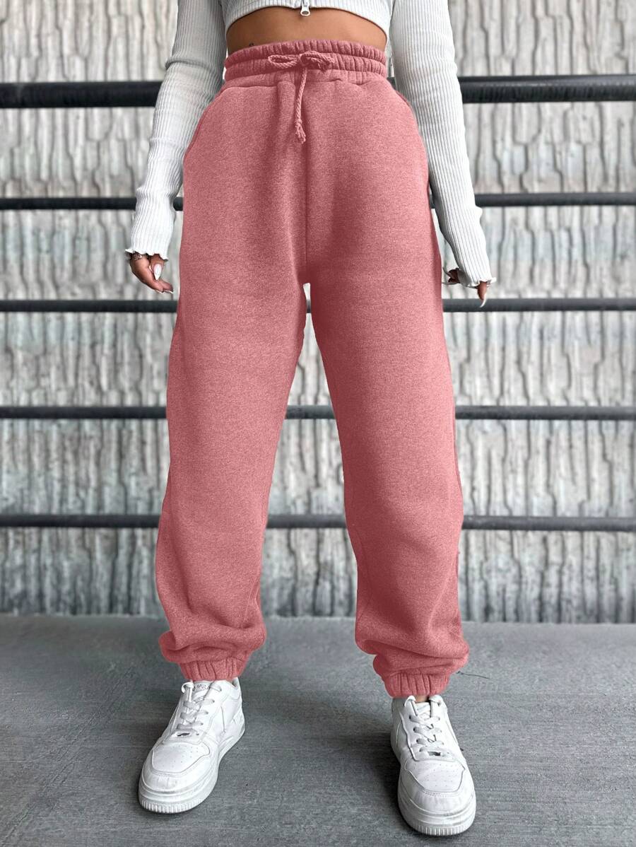 SHEIN Cottnline 女士抽繩腰部和鬆緊袖口慢跑運動褲 - 杏色 - 查看 1