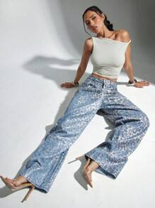 Denimoi Leopard Foil Print Low Rise Baggy Jeans - Multicolor - View 1