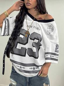 Coolane 男女款夏季情侣同款街头潮流运动外出号码图案足球球衣黑白T恤 - 黑色 - 查看 5