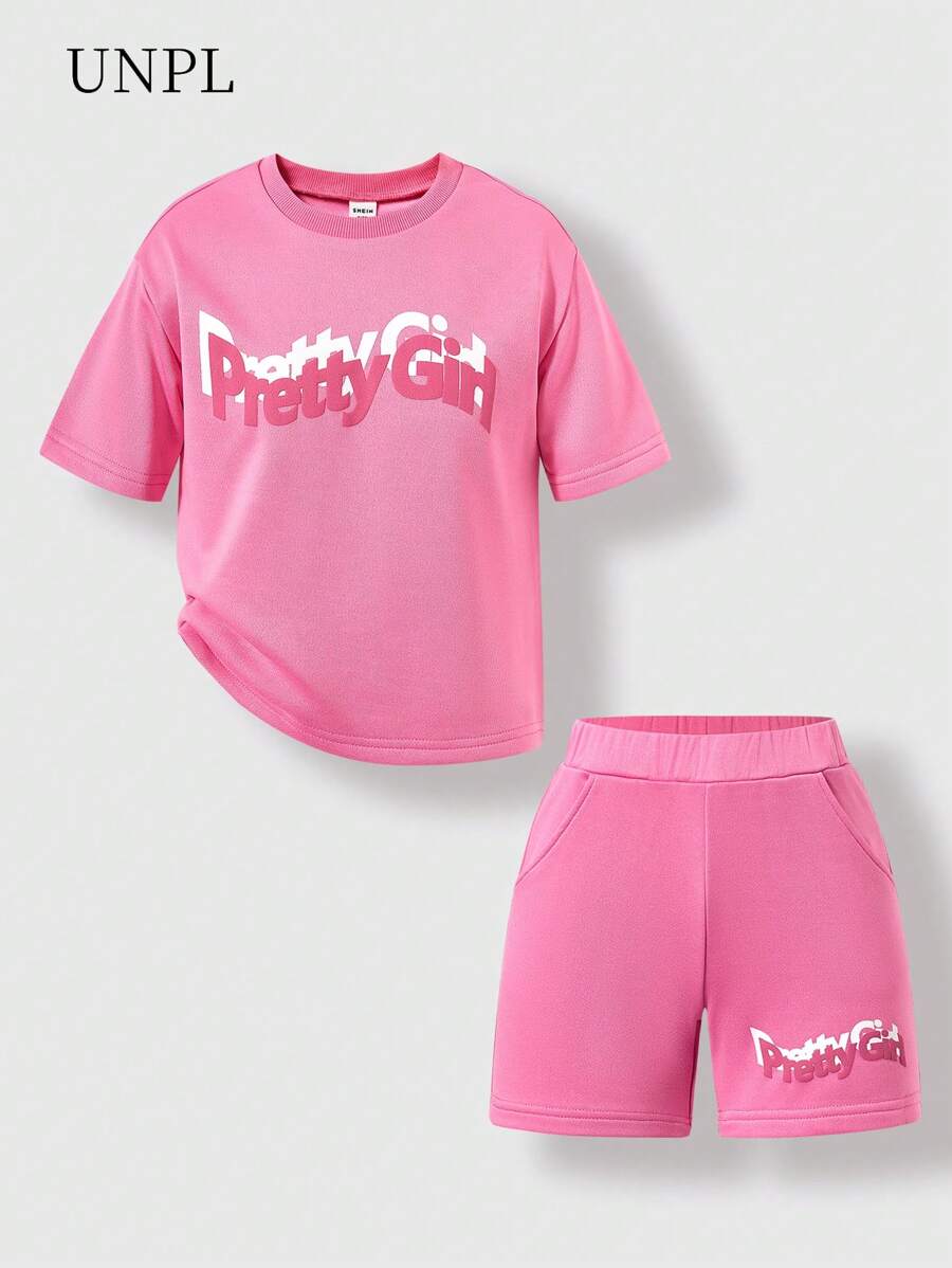 SHEIN Explorewe Set di 2 pezzi composto da maglietta con grafica e slogan sportivo e pantaloncini, outfit casual adatto per attività all'aperto estive - Multicolore - Visualizzare 1