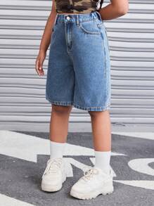SHEIN 青少年女孩时尚复古水洗宽松百慕大牛仔短裤，带斜口袋，女孩春夏假期海滩波西米亚风夏装街头服饰音乐会狂欢节服装 - 中等水洗藍 - 查看 4