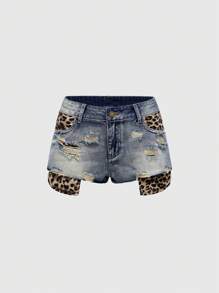 ROMWE J-Fashion Shorts cortos vaqueros mini con volantes y estampado de leopardo patchwork con estilo Y2K - Multicolor - Ver 2