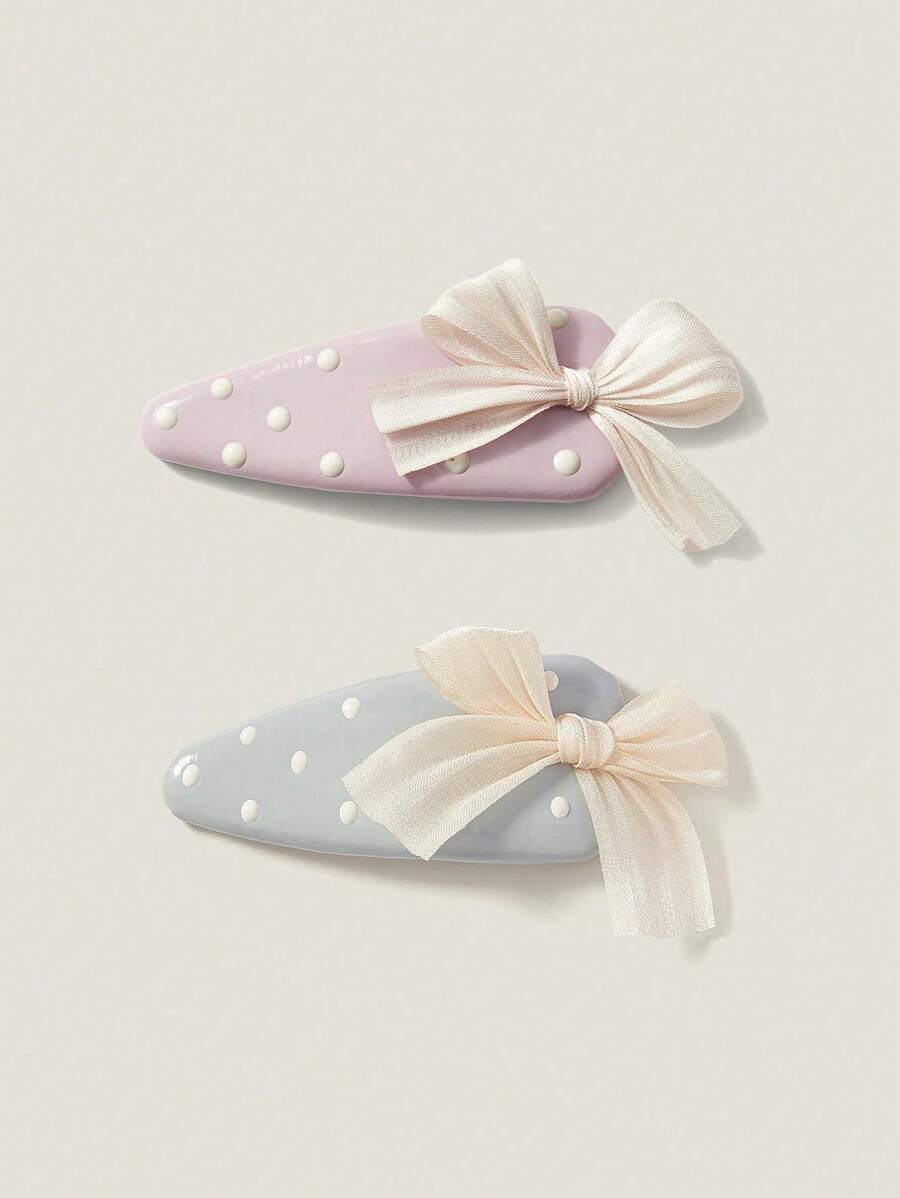 Muvela 1 Pair Light Blue Bow Decor Oil Drop PU Leather Fashion Hair Clips - Multicolor - View 1
