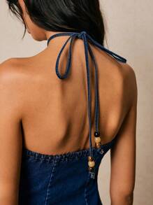 Poéselle 女式牛仔连衣裙 串珠吊带连衣裙 露背女式连衣裙 蓝色连衣裙 女式牛仔短裙 女式夏季串珠露背牛仔连衣裙 波西米亚乡村风 演唱会服装 演唱会女装 街头服饰 女式牛仔服装 - 中等水洗藍 - 查看 2